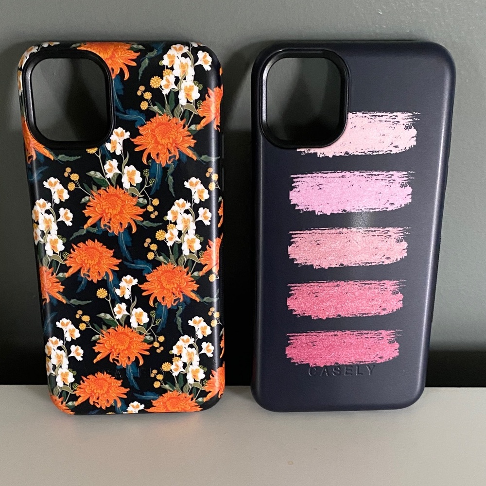Casely iphone 11 Pro Max cases. Casely Floral and Pink Brush Stroke Phone Cases